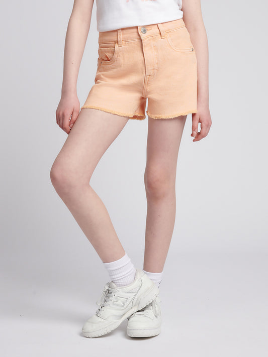 Girls Wash Denim Shorts in Peach Nectar