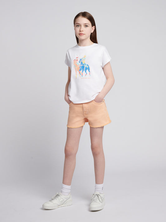 Girls Wash Denim Shorts in Peach Nectar