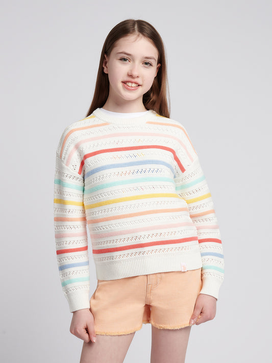 Girls Pointelle Stripe Knit Jumper in Bright White