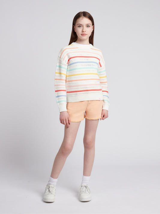 Girls Pointelle Stripe Knit Jumper in Bright White