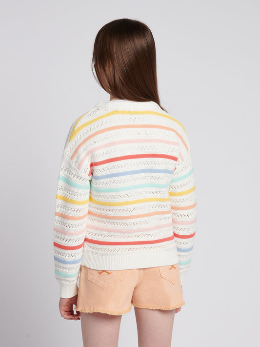 Girls Pointelle Stripe Knit Jumper in Bright White