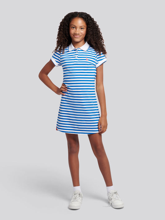 Girls Stripe Polo Dress in Strong Blue