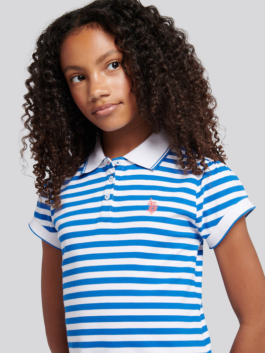 Girls Stripe Polo Dress in Strong Blue