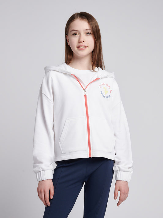 Girls Graphic Zip Through Sweat in Bright White