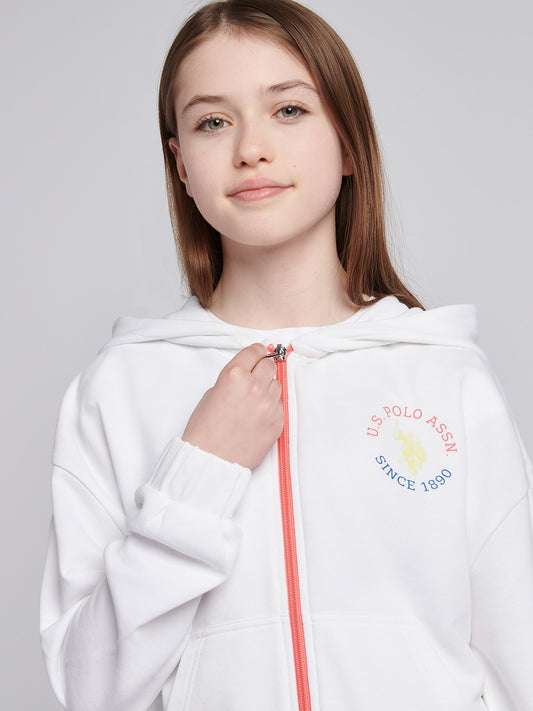 Girls Graphic Zip Through Sweat in Bright White