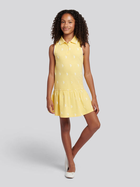 Girls Double Horsemen Print Polo Dress in Sunshine