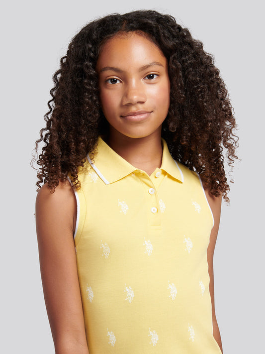 Girls Double Horsemen Print Polo Dress in Sunshine