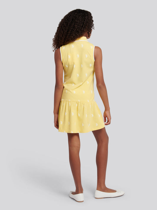 Girls Double Horsemen Print Polo Dress in Sunshine