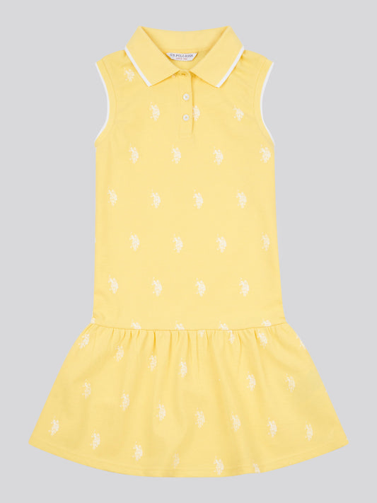 Girls Double Horsemen Print Polo Dress in Sunshine