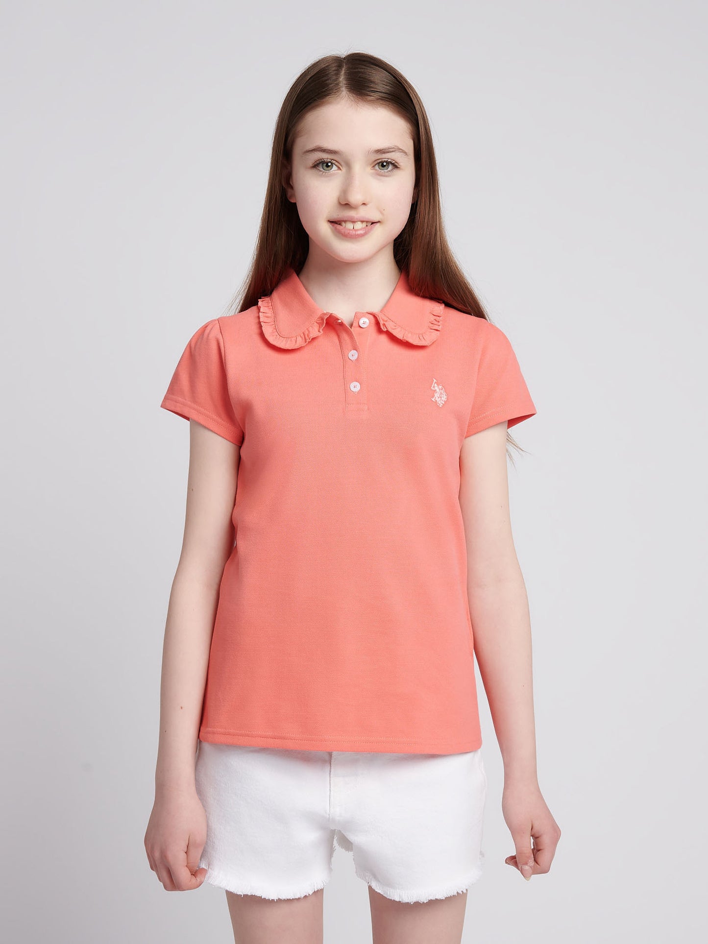 Girls Scallop Collar Polo Shirt in Sugar Coral