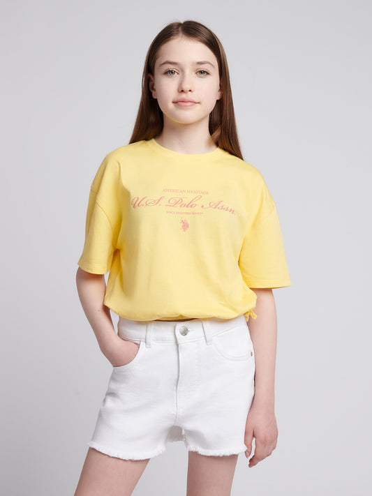 Girls Rounded Elastic Hem Graphic T-Shirt in Sunshine