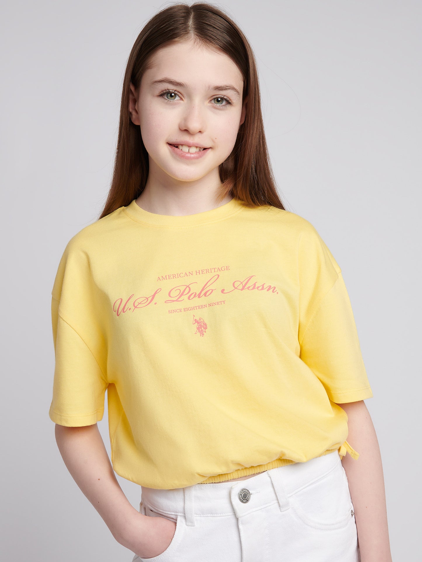 Girls Rounded Elastic Hem Graphic T-Shirt in Sunshine