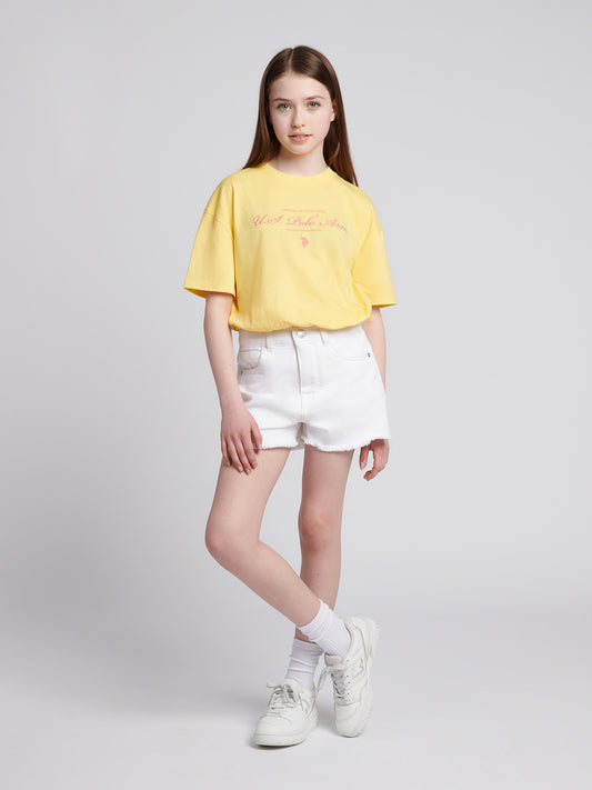 Girls Rounded Elastic Hem Graphic T-Shirt in Sunshine