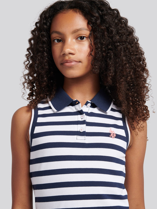 Girls Striped Sleeveless Polo Dress in Navy Iris