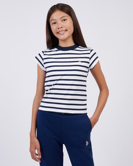Girls Stripe Cap Sleeve T-Shirt in Navy Iris
