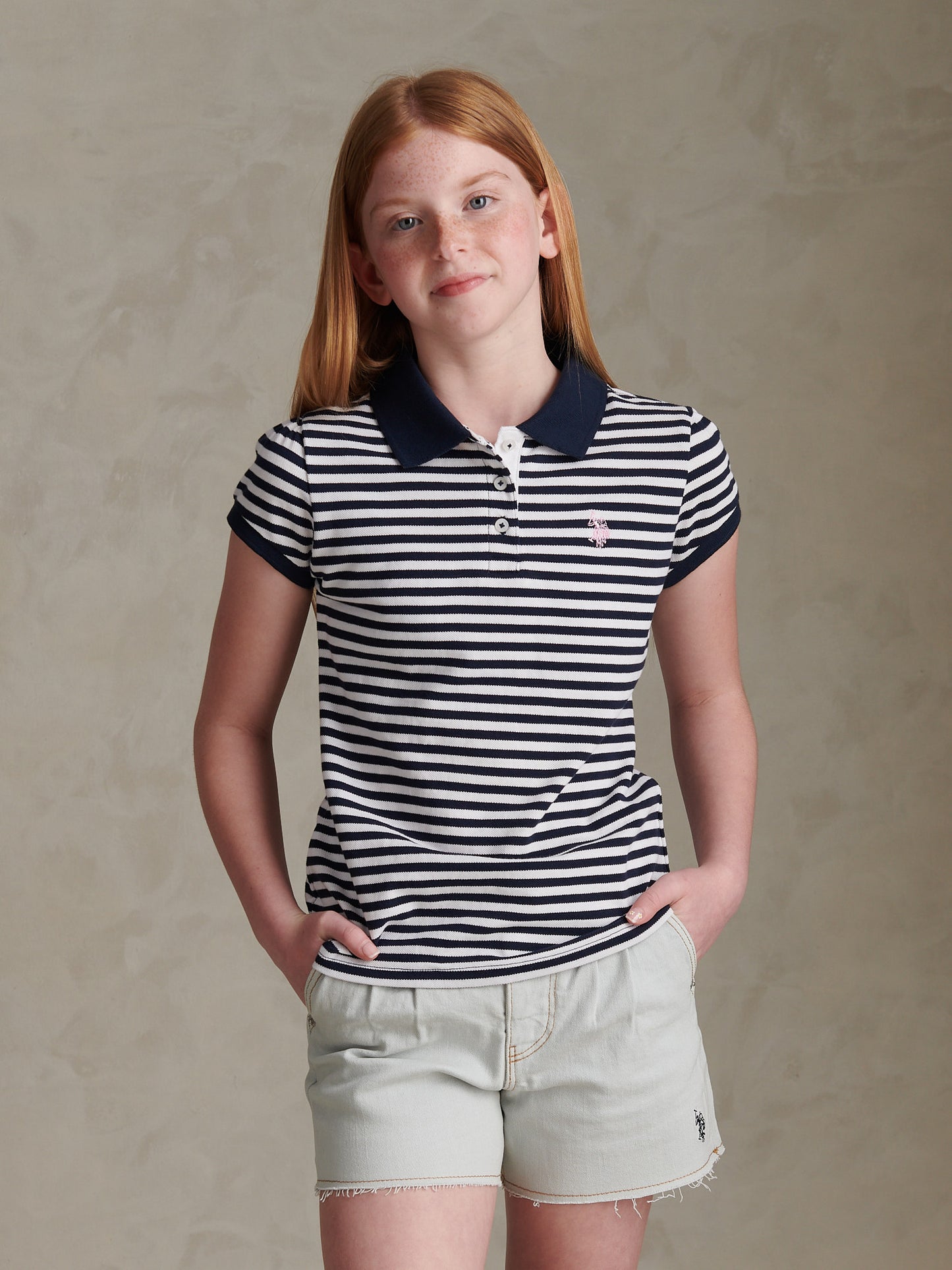 Girls Stripe Cap Sleeve Pique Polo Shirt Navy Iris