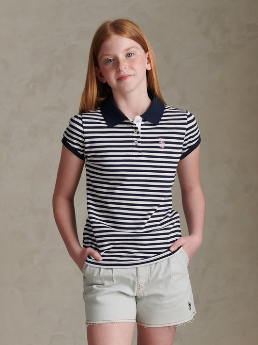Girls Stripe Cap Sleeve Pique Polo Shirt Navy Iris