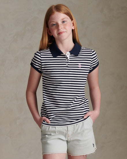 Girls Stripe Cap Sleeve Pique Polo Shirt Navy Iris