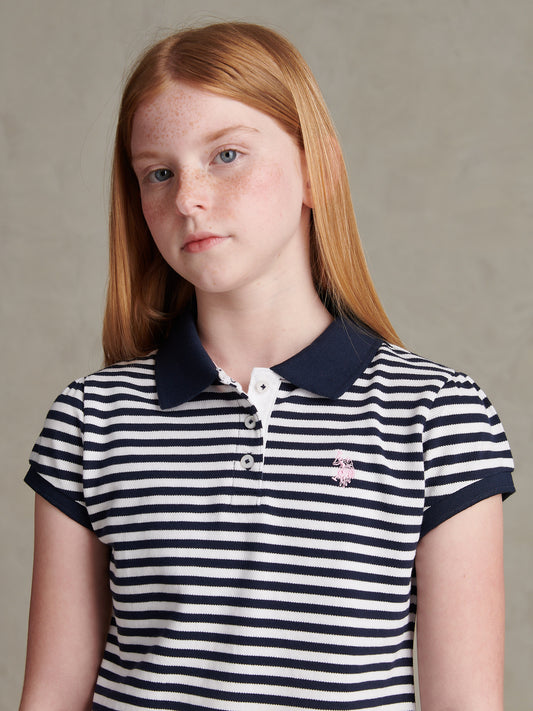 Girls Stripe Cap Sleeve Pique Polo Shirt Navy Iris