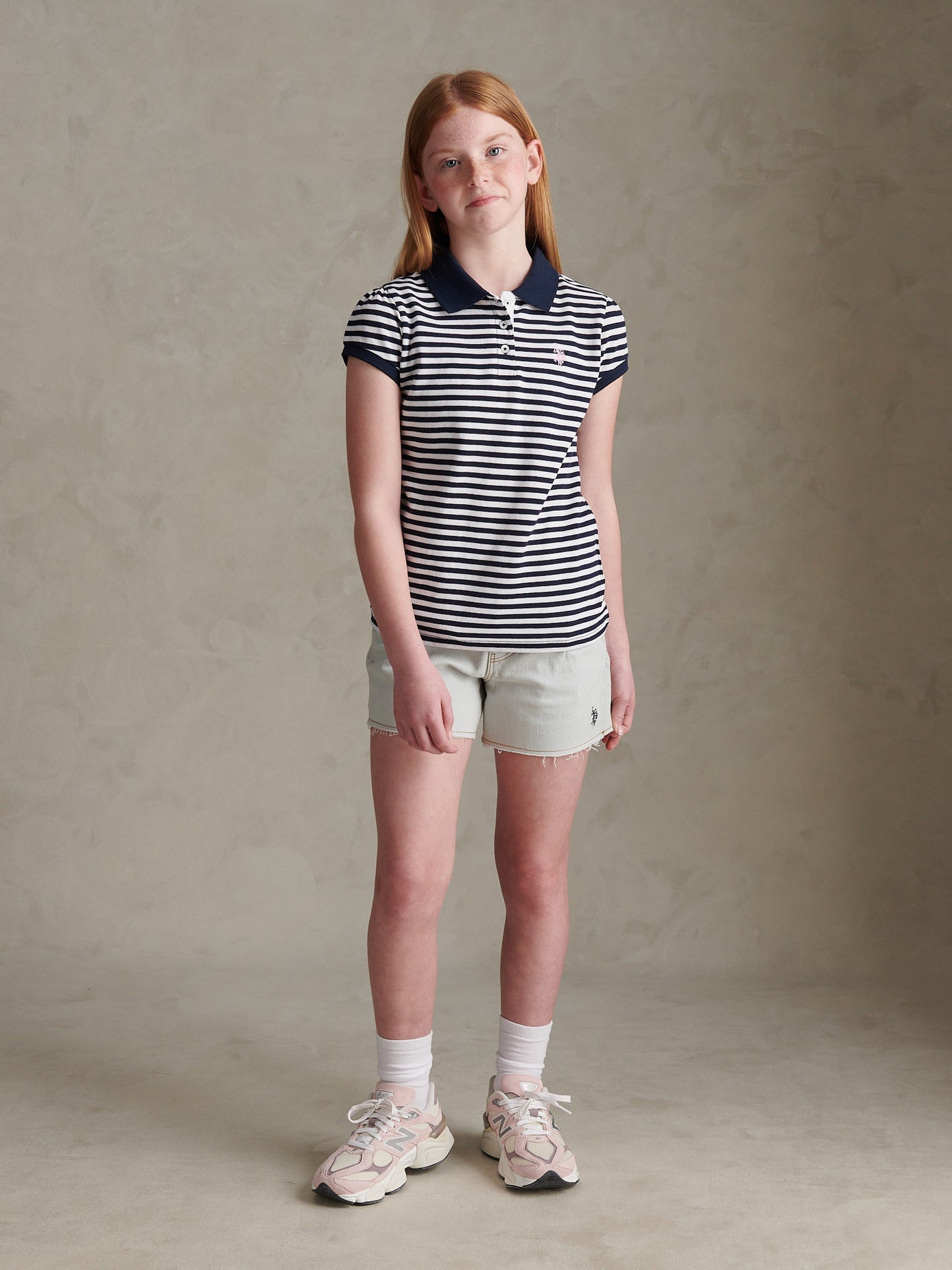 Girls Stripe Cap Sleeve Pique Polo Shirt Navy Iris