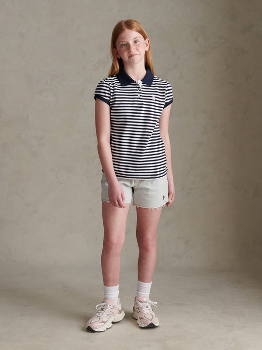 Girls Stripe Cap Sleeve Pique Polo Shirt Navy Iris