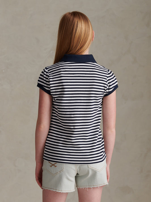 Girls Stripe Cap Sleeve Pique Polo Shirt Navy Iris