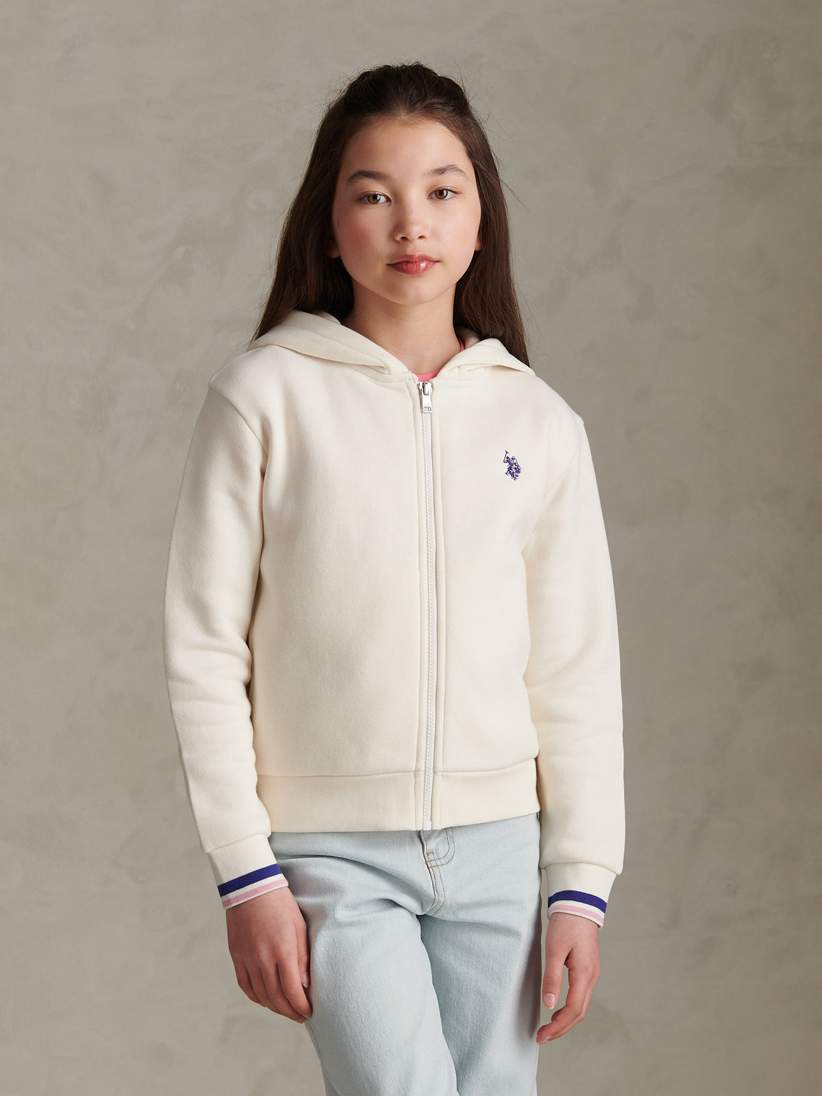 Girls Double Horsemen Zip-Through Hoodie Marshmallow