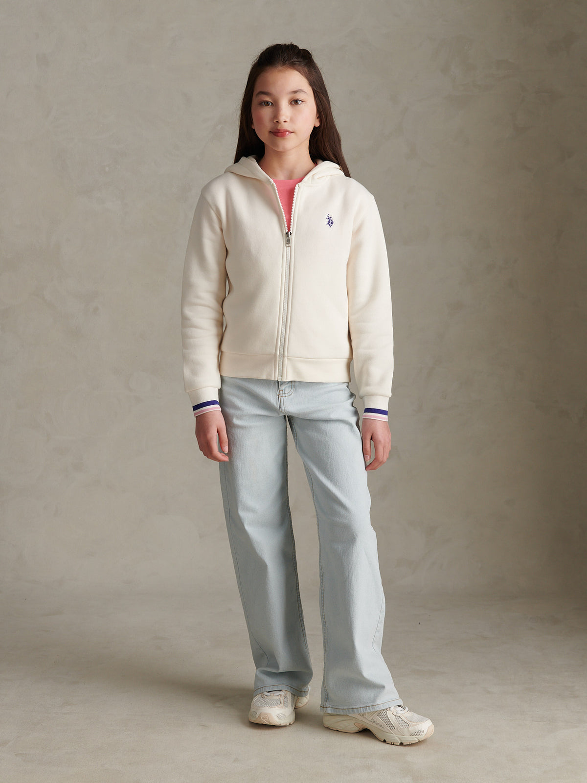 Girls Double Horsemen Zip-Through Hoodie Marshmallow