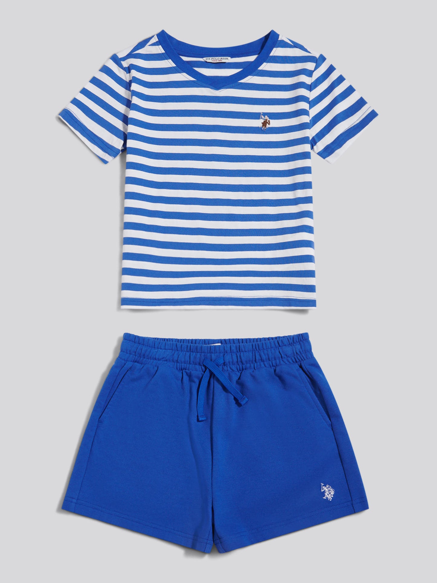 Girls Stripe V-Neck T-Shirt & Sweat Short Set Dazzling Blue