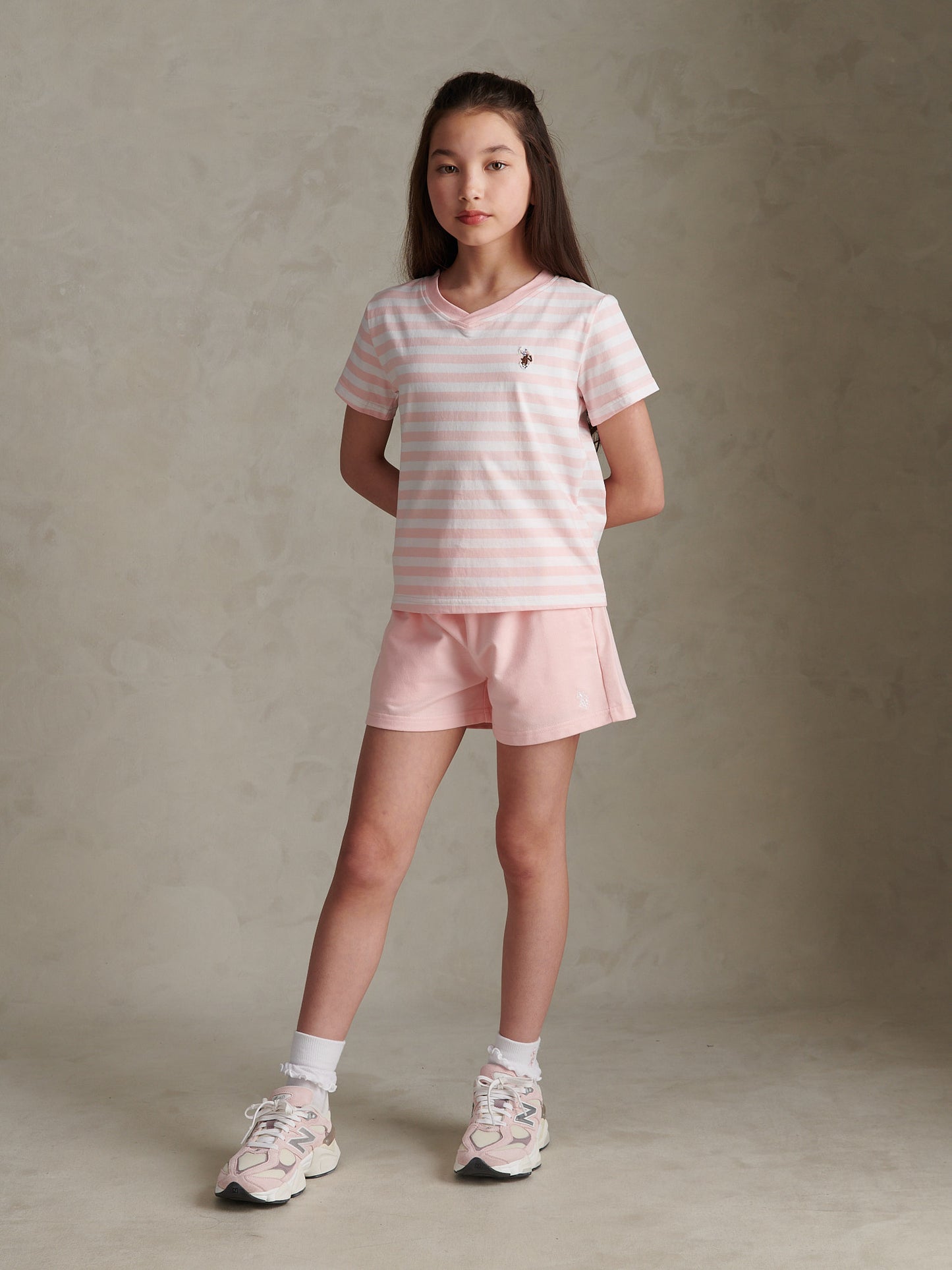 Girls Stripe V-Neck T-Shirt & Sweat Short Set Crystal Rose