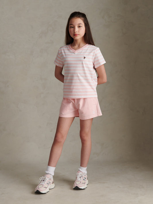 Girls Stripe V-Neck T-Shirt & Sweat Short Set Crystal Rose