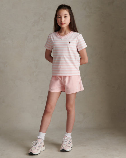 Girls Stripe V-Neck T-Shirt & Sweat Short Set Crystal Rose