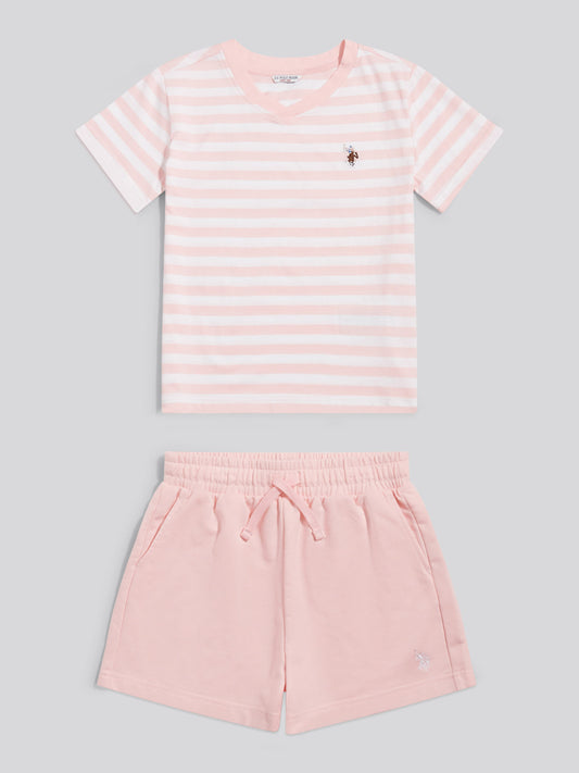 Girls Stripe V-Neck T-Shirt & Sweat Short Set Crystal Rose