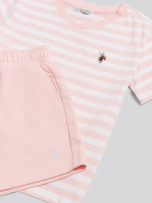 Girls Stripe V-Neck T-Shirt & Sweat Short Set Crystal Rose