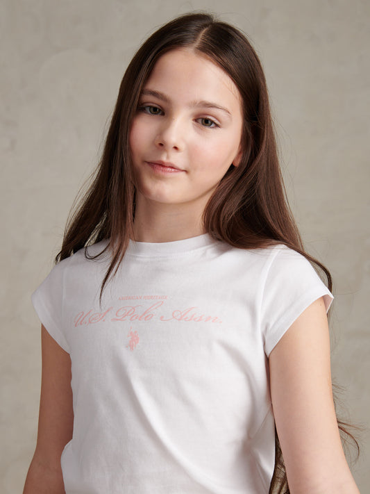 Girls Script Logo Cap Sleeve T-Shirt Bright White