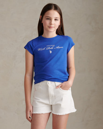 Girls Script Logo Cap Sleeve T-Shirt Dazzling Blue