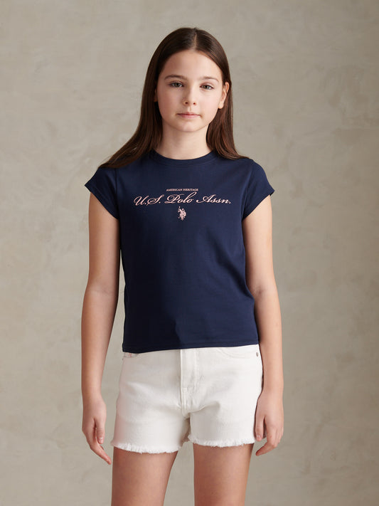 Girls Script Logo Cap Sleeve T-Shirt Navy Iris