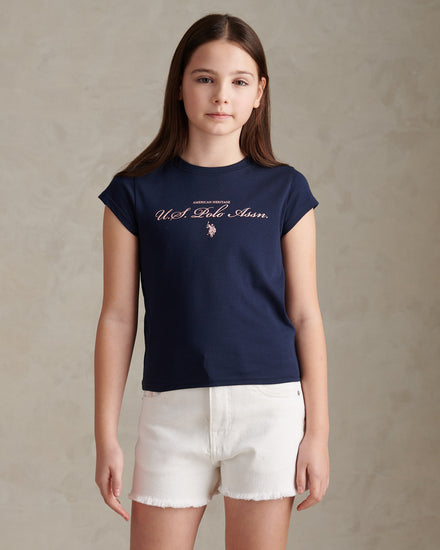 Girls Script Logo Cap Sleeve T-Shirt Navy Iris