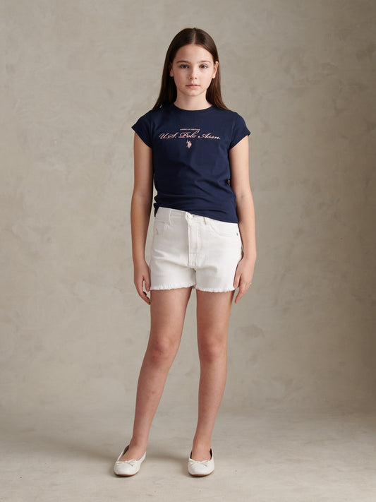 Girls Script Logo Cap Sleeve T-Shirt Navy Iris