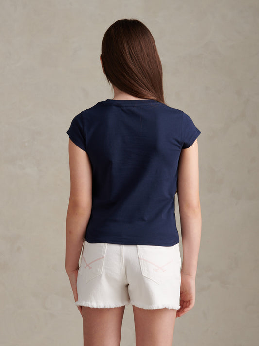 Girls Script Logo Cap Sleeve T-Shirt Navy Iris