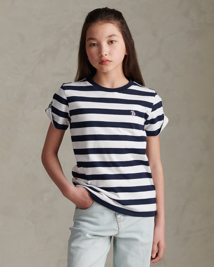 Girls Striped Cold Shoulder T-Shirt Navy Iris