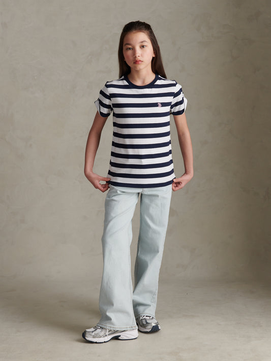 Girls Striped Cold Shoulder T-Shirt Navy Iris