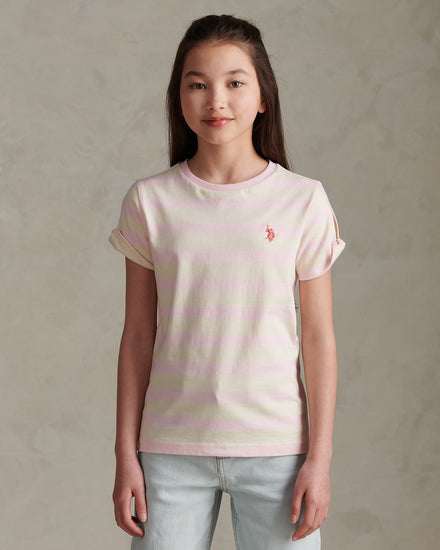 Girls Striped Cold Shoulder T-Shirt Pink Tulle