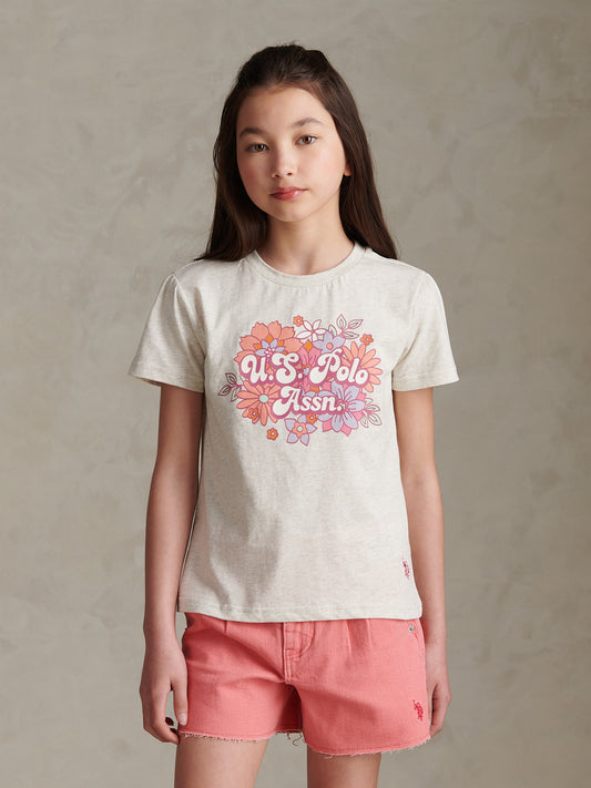 Girls Floral Graphic Puff Sleeve T-Shirt Light Grey Marl WUP