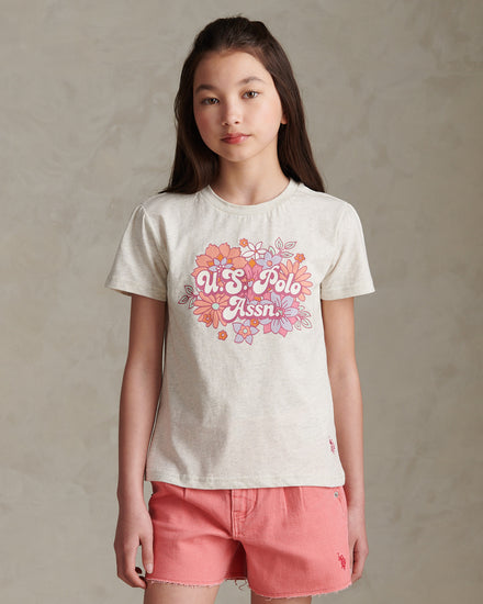 Girls Floral Graphic Puff Sleeve T-Shirt Light Grey Marl WUP