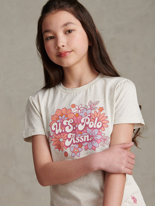 Girls Floral Graphic Puff Sleeve T-Shirt Light Grey Marl WUP
