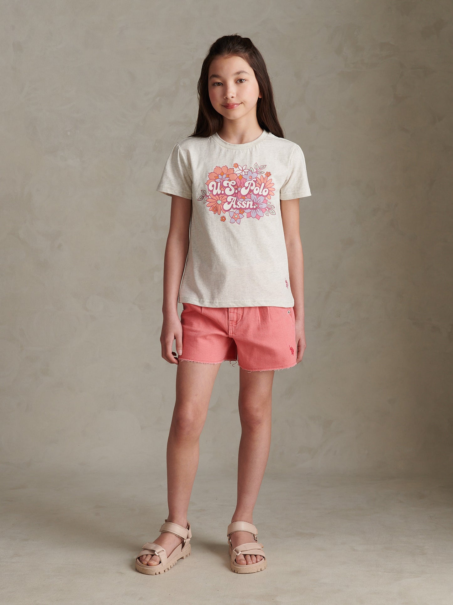 Girls Floral Graphic Puff Sleeve T-Shirt Light Grey Marl WUP