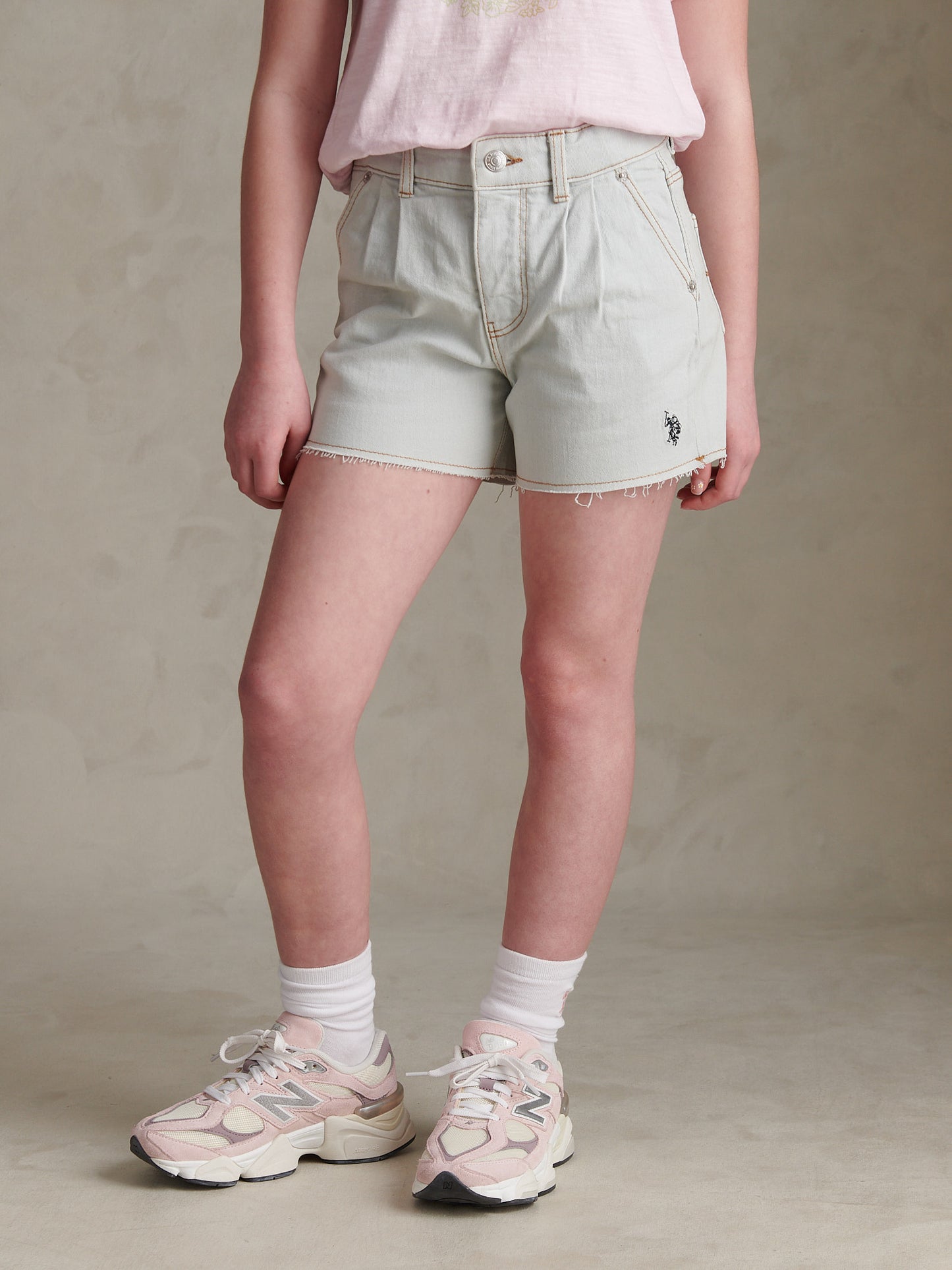 Girls Pleat Detail Denim Shorts Ice White