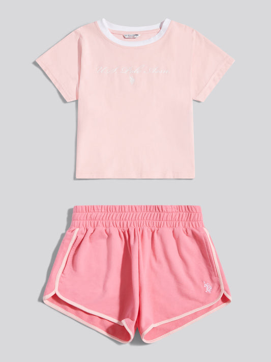 Girls Script Graphic T-Shirt & Sweat Short Set Bubblegum