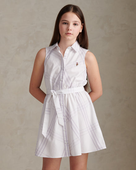 Girls Check Sleeveless Shirt Dress Lavender Blue